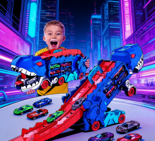 Folding Dinosaur Transporter Racing Track, Competitive Eat & Roll Vehicle Game with Mini Cars, Fun Gift Toy for Kids