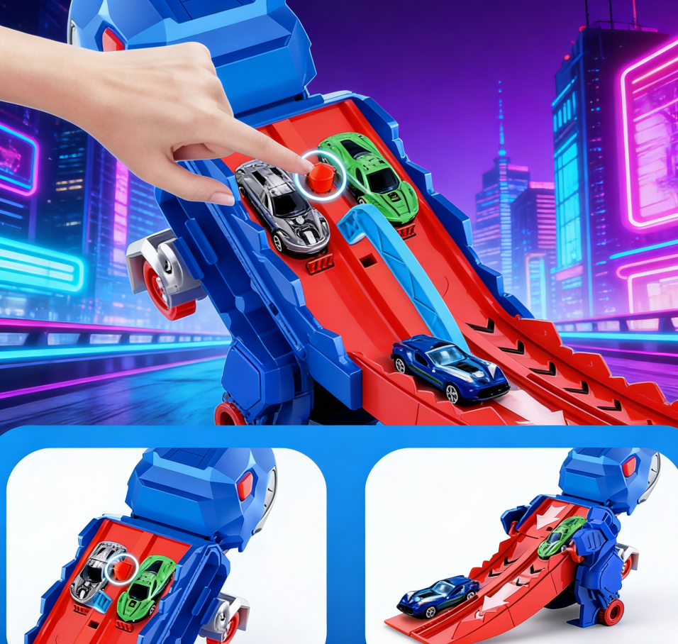 Folding Dinosaur Transporter Racing Track, Competitive Eat & Roll Vehicle Game with Mini Cars, Fun Gift Toy for Kids